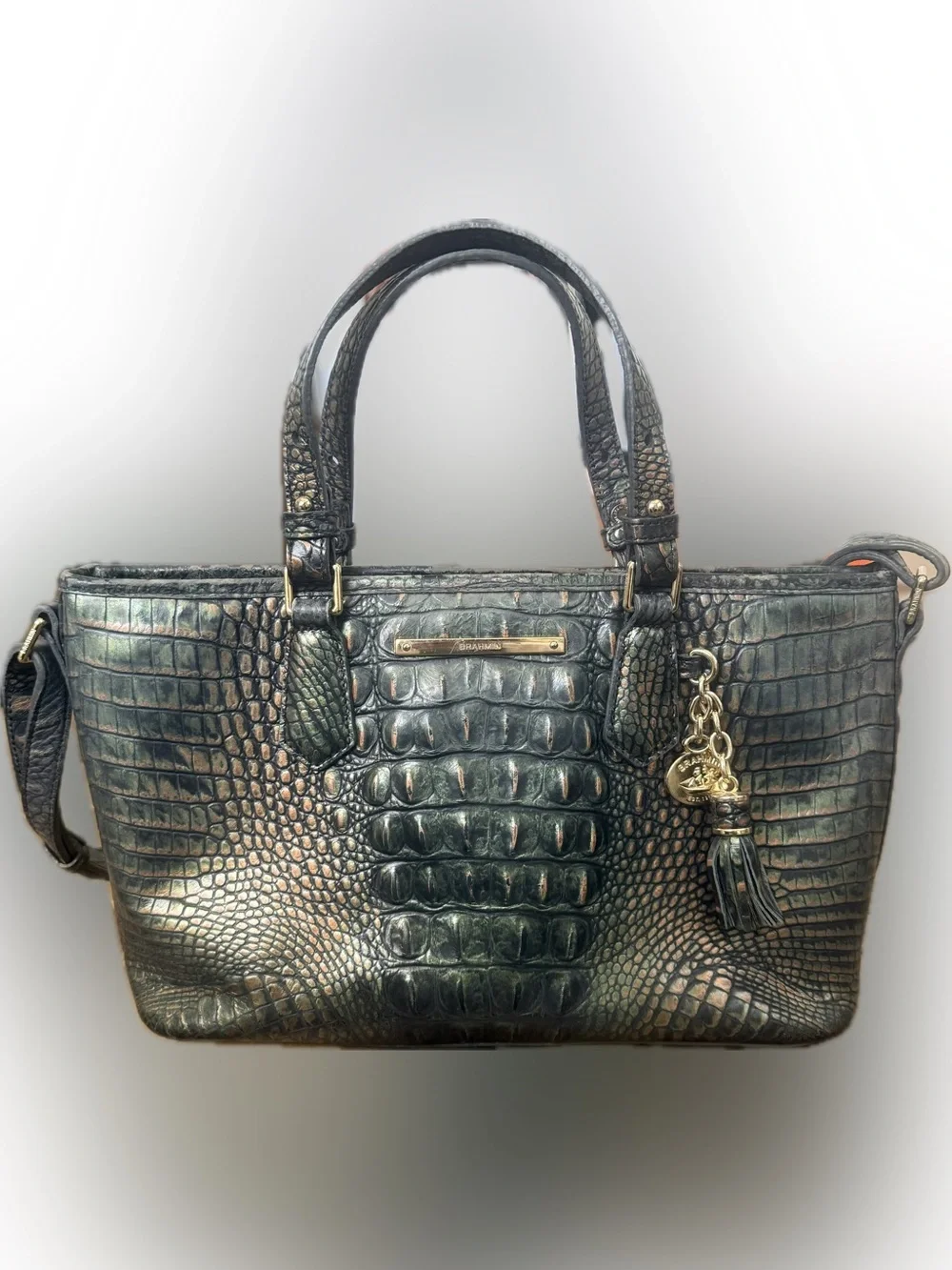 Brahmin Metallic Green Croc Embossed Leather Satchel Crossbody Purse Mini Asher